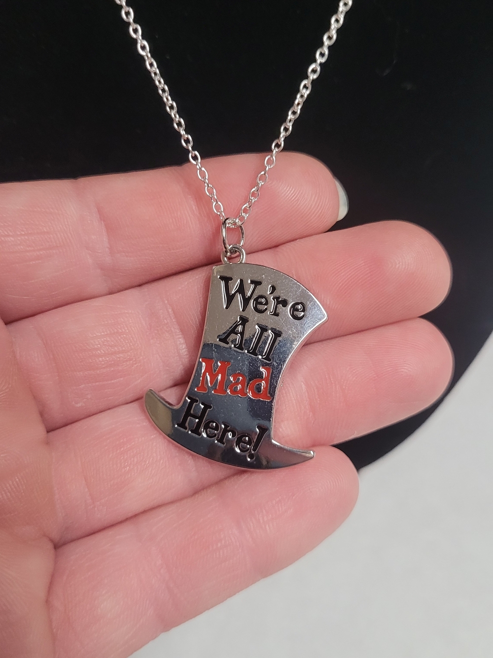 We're All Mad Here Silver Tone Hat Pendant Necklace - Womens Accessory.